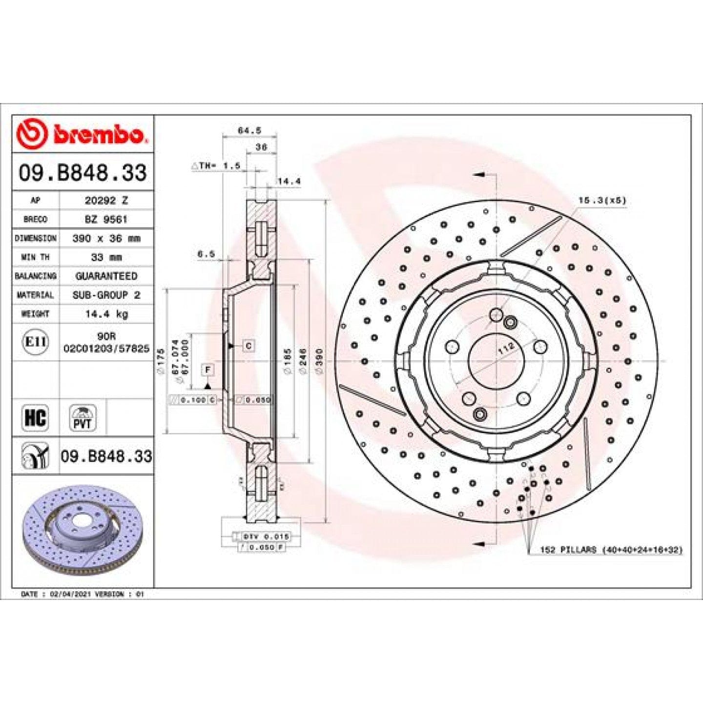 BREMBO 09.B848.33 Brake Disc Internally Vented, Coated, High-carbon  - 1 piece