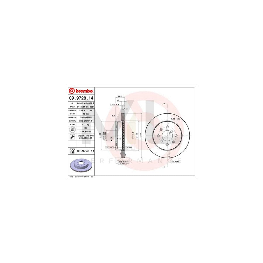 BREMBO 09.9728.14 Brake Disc Internally Vented, with bolts/screws | ML Performance Car Parts