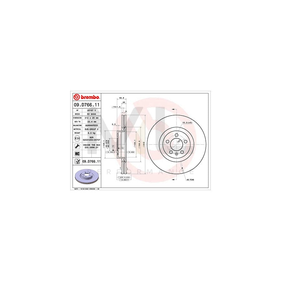 BREMBO 09.D766.11 Brake Disc for VW Polo VI (AW1, BZ1) Internally Vented, Coated, High-carbon, with bolts/screws | ML Performance Car Parts