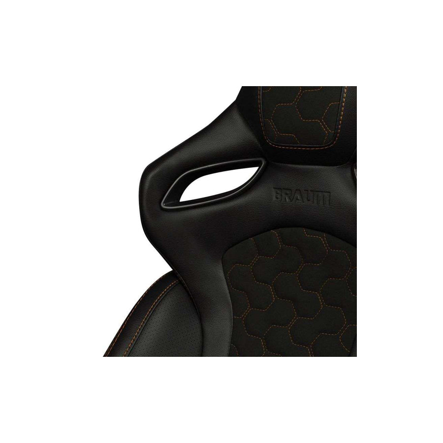 BRAUM Orue-S Series Sport Reclinable Seats (Black Leatherette Honeycomb Alcantara Orange Stitching) – Priced Per Pair | ML Performance UK Car Parts