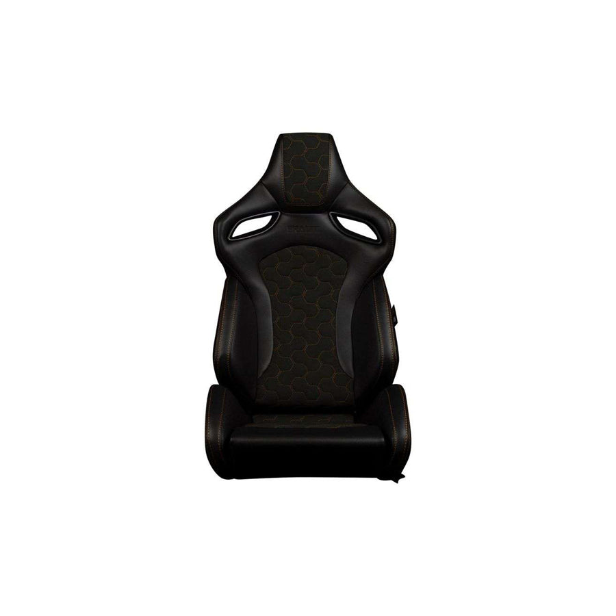 BRAUM Orue-S Series Sport Reclinable Seats (Black Leatherette Honeycomb Alcantara Orange Stitching) – Priced Per Pair