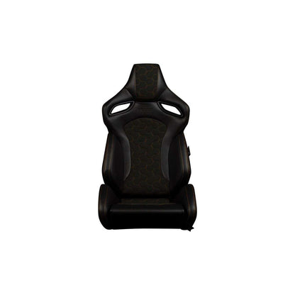 BRAUM Orue-S Series Sport Reclinable Seats (Black Leatherette Honeycomb Alcantara Orange Stitching) – Priced Per Pair