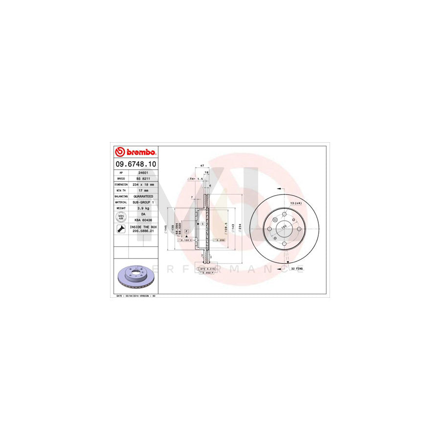 BREMBO 09.6748.10 Brake Disc Internally Vented, with bolts/screws | ML Performance Car Parts