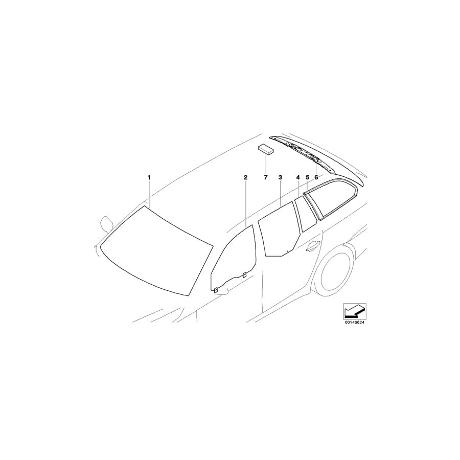 Genuine BMW 51357067097 E61 Side Window,Green Fixed,Left Rear Door IR (Inc. 523i, 525xi & 535xi) | ML Performance UK Car Parts