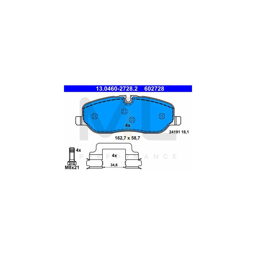 ATE 13.0460-2728.2 Brake pad set excl. wear warning contact, prepared for wear indicator, with brake caliper screws, with accessories | ML Performance Car Parts