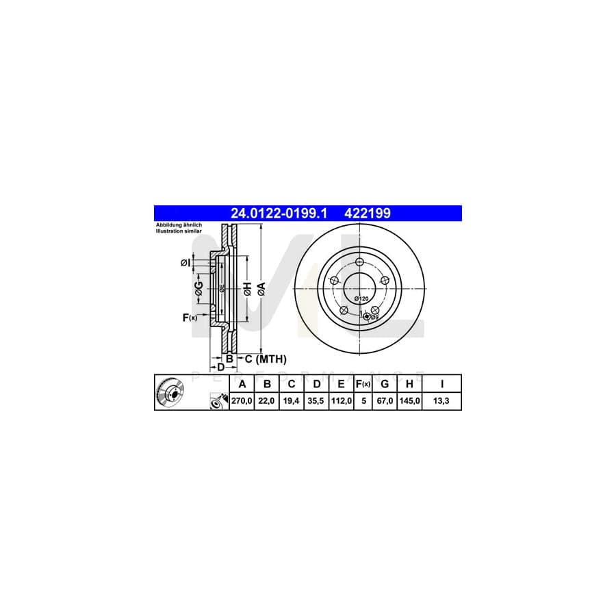 ATE 24.0122-0199.1 Brake Disc suitable for MERCEDES-BENZ Vaneo (W414) Vented, Coated, Alloyed / High-carbon | ML Performance Car Parts