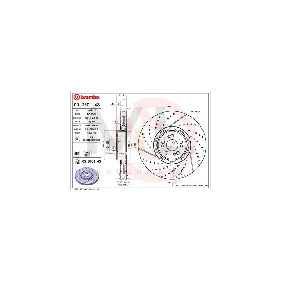 BREMBO 09.D601.43 Brake Disc suitable for MERCEDES-BENZ GLE Internally Vented, Coated, High-carbon | ML Performance Car Parts