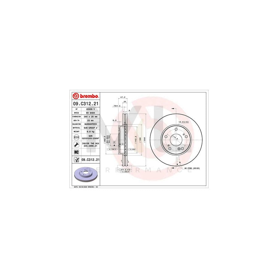 BREMBO 09.C312.21 Brake Disc for HONDA CIVIC Internally Vented, Coated, High-carbon, with bolts/screws | ML Performance Car Parts