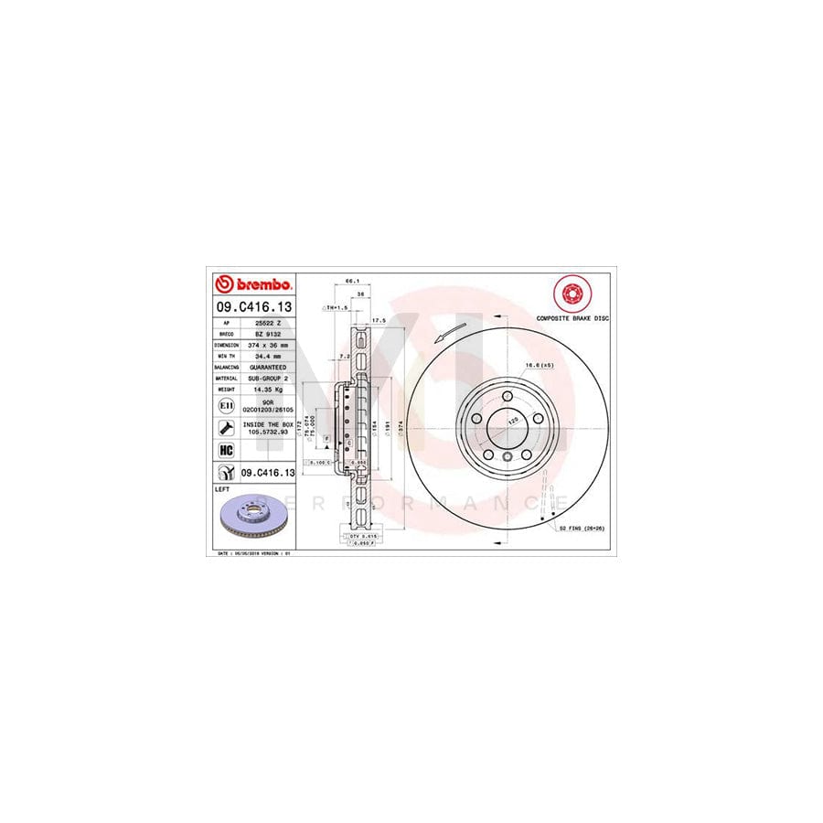 BREMBO TWO-PIECE DISCS LINE 09.C416.13 Brake Disc Internally Vented, Two-piece brake disc, Coated, High-carbon, with bolts/screws | ML Performance Car Parts