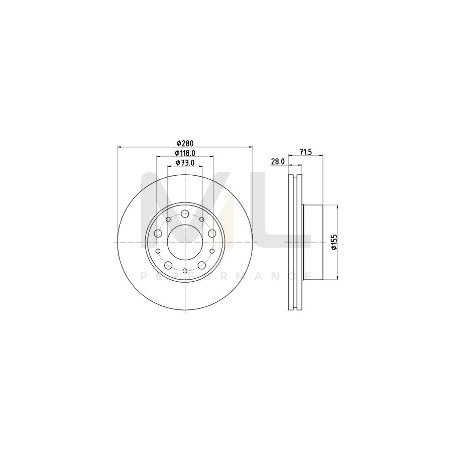 HELLA 8DD 355 125-421 Brake Disc PRO, Internally Vented, Coated, without wheel hub, without wheel studs | ML Performance Car Parts