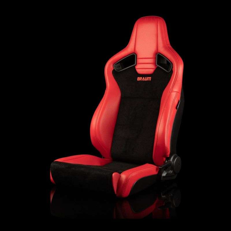 BRAUM Elite V2 Series Sport Reclinable Seats (Red Leatherette Black Suede Low Bolster Version) - Priced Per Pair