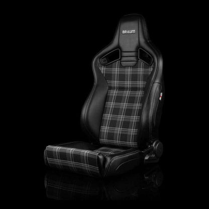 BRAUM Elite V2 Series Sport Reclinable Seats (Black Leatherette Grey Plaid Fabric Low Bolster Version) - Priced Per Pair