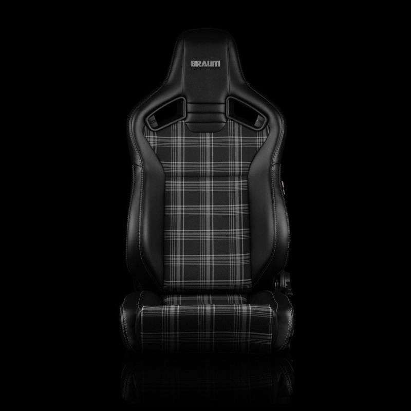 BRAUM Elite V2 Series Sport Reclinable Seats (Black Leatherette Grey Plaid Fabric Low Bolster Version) - Priced Per Pair