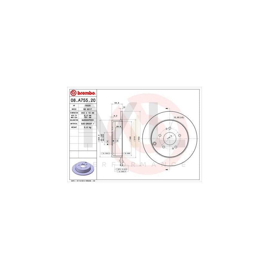 BREMBO 08.A755.20 Brake Disc for MITSUBISHI Grandis (NA4W) Solid | ML Performance Car Parts