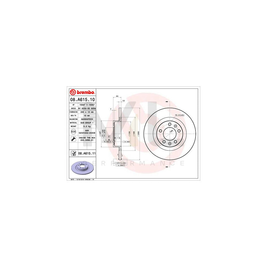 BREMBO 08.A615.10 Brake Disc for PEUGEOT 508 Solid, with bolts/screws | ML Performance Car Parts