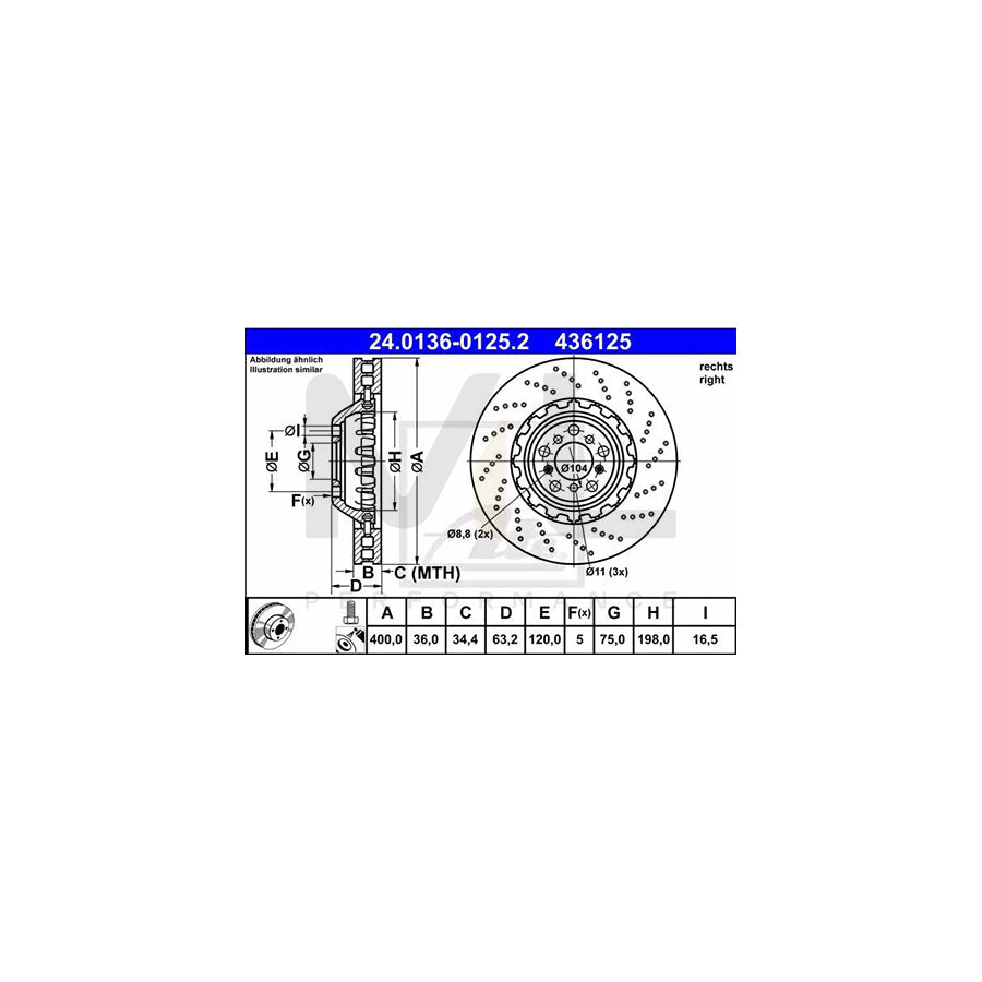 ATE 24.0136-0125.2 Brake Disc Perforated / Vented, Two-piece brake disc, Coated, High-carbon, with bolts/screws | ML Performance Car Parts