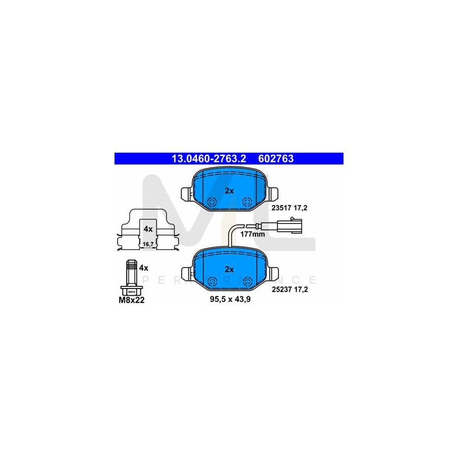 ATE 13.0460-2763.2 Brake pad set for ALFA ROMEO MiTo (955) incl. wear warning contact, with brake caliper screws, with accessories | ML Performance Car Parts