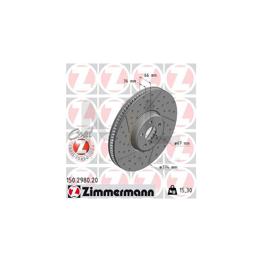 ZIMMERMANN 150.2980.20 Brake Disc for BMW 3 Series Drilled dimples, Internally Vented, Slotted, Coated, High-carbon | ML Performance Car Parts