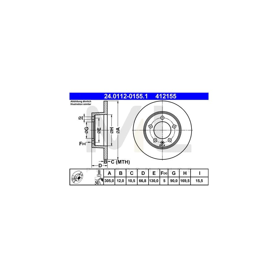 ATE 24.0112-0155.1 Brake Disc Solid, Coated, with bolts/screws | ML Performance Car Parts