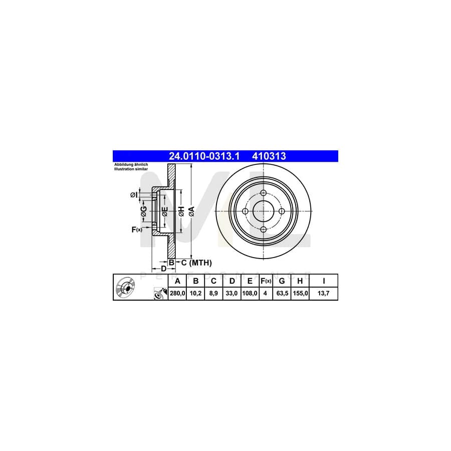 ATE 24.0110-0313.1 Brake Disc for FORD FOCUS Solid, Coated | ML Performance Car Parts