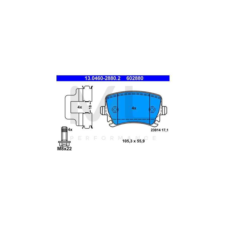 ATE 13.0460-2880.2 Brake pad set excl. wear warning contact, prepared for wear indicator, with brake caliper screws, with accessories | ML Performance Car Parts