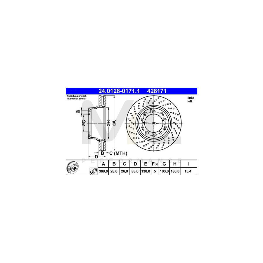 ATE 24.0128-0171.1 Brake Disc for PORSCHE 911 Coupe Perforated / Vented, Coated, Alloyed / High-carbon | ML Performance Car Parts