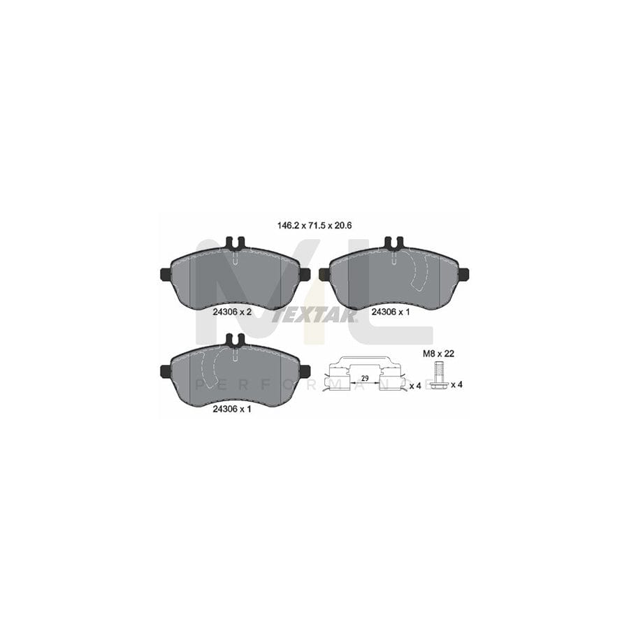 TEXTAR 2430602 Brake pad set suitable for MERCEDES-BENZ C-Class prepared for wear indicator, with brake caliper screws, with accessories | ML Performance Car Parts