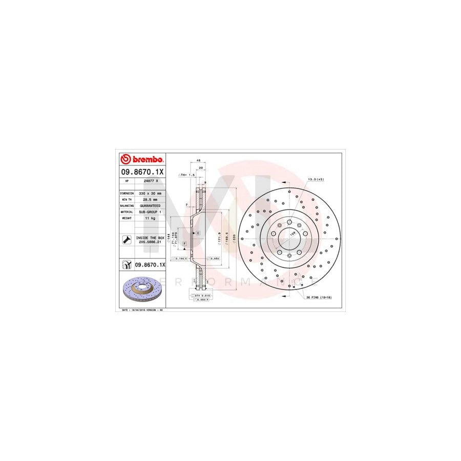 BREMBO XTRA LINE 09.8670.1X Brake Disc Perforated / Vented, Coated, High-carbon, with bolts/screws | ML Performance Car Parts