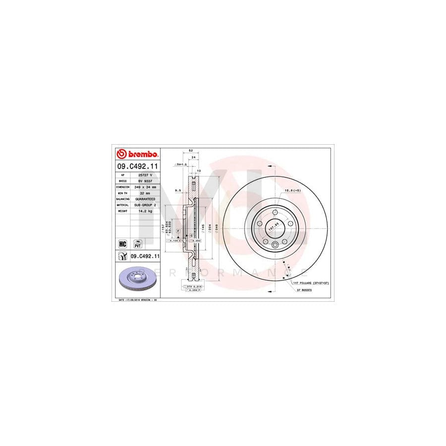 BREMBO 09.C492.11 Brake Disc Front Axle, Internally Vented, Coated, High-carbon | ML Performance Car Parts