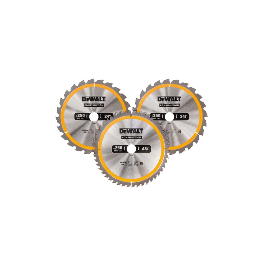 DEWALT DEWDT1963QZ DT1963 Construction Circular Saw Blade 3 Pack 250 x 30mm x 24T/48T | ML Performance UK