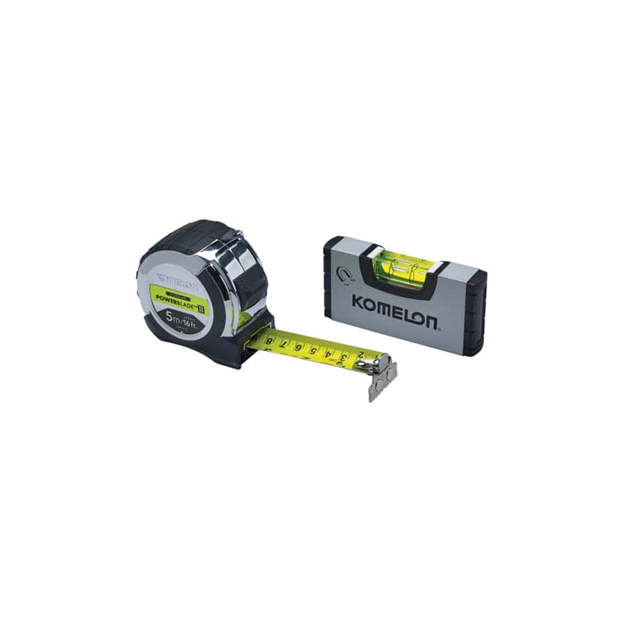 Komelon KOM516TLVPK PowerBlade II Pocket Tape 5m/16ft (Width 27mm) with Mini Level | ML Performance UK