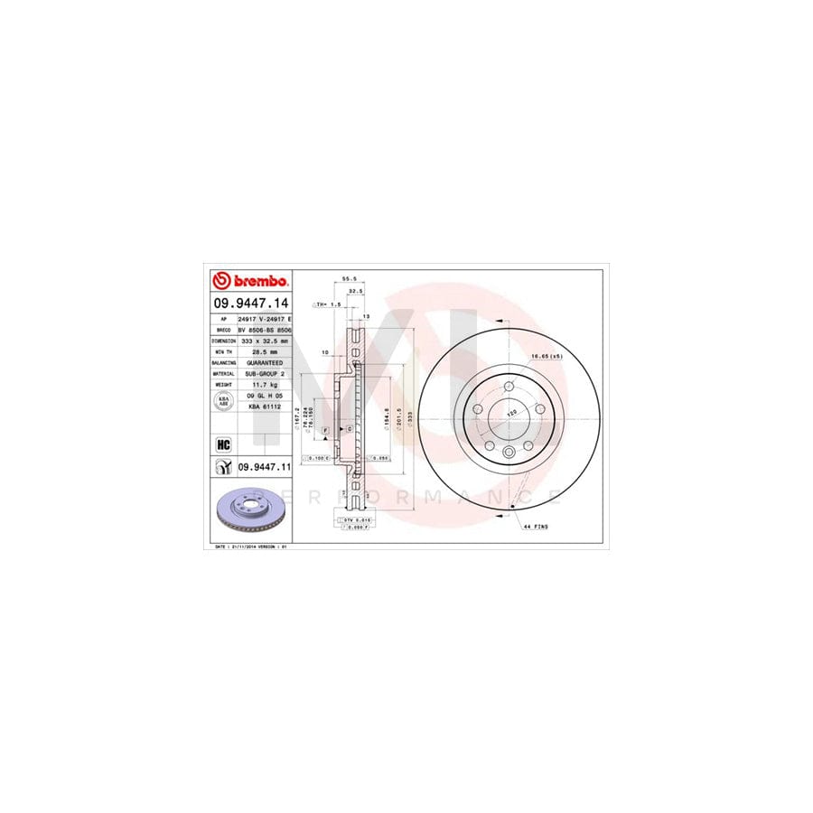 BREMBO 09.9447.14 Brake Disc Internally Vented, High-carbon | ML Performance Car Parts