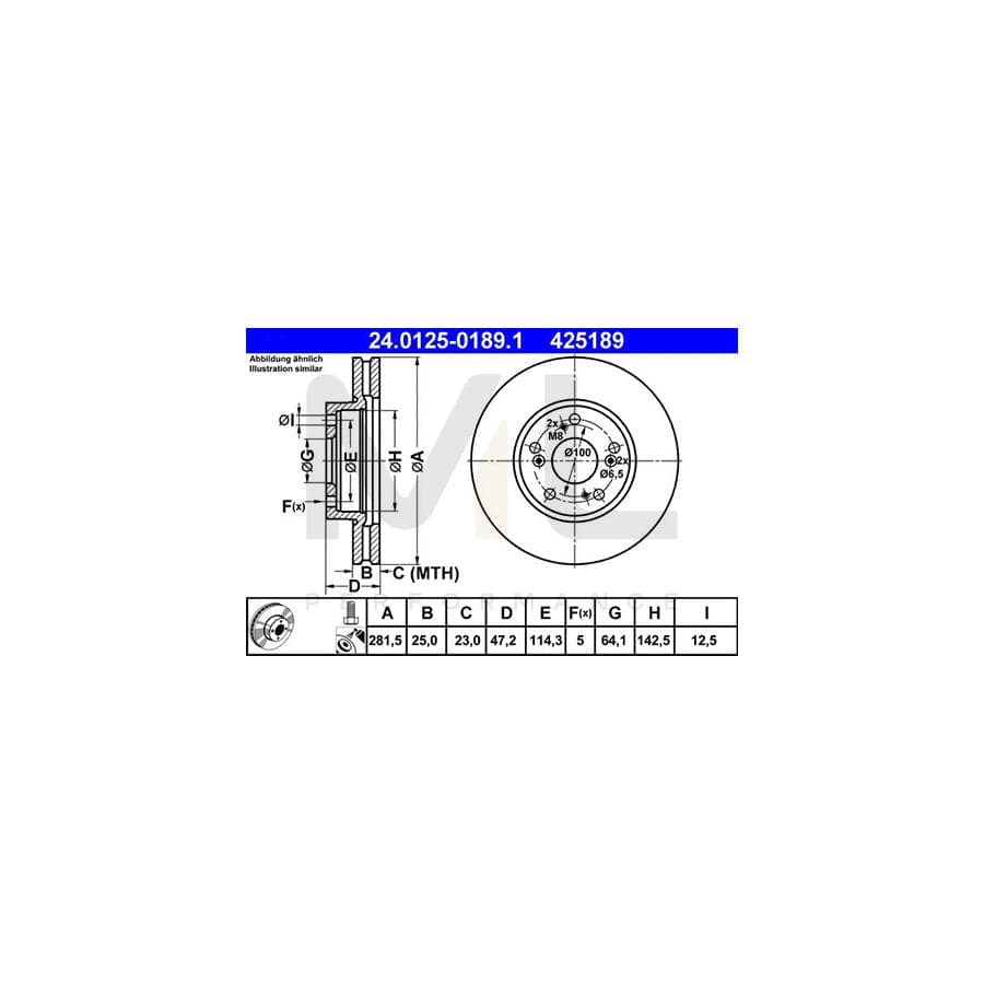 ATE 24.0125-0189.1 Brake Disc for HONDA FR-V (BE) Vented, Coated, with bolts/screws | ML Performance Car Parts