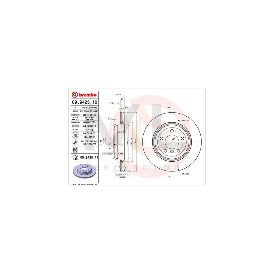 BREMBO 09.9425.10 Brake Disc Internally Vented, High-carbon, with bolts/screws | ML Performance Car Parts