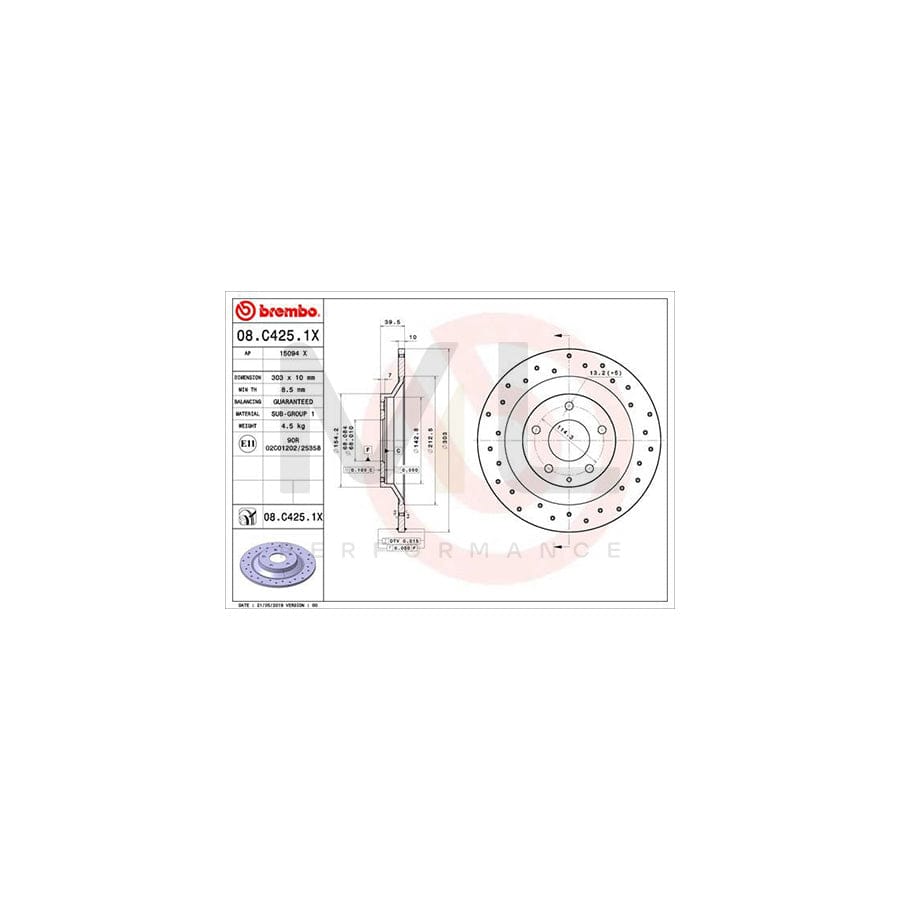 BREMBO 08.C425.1X Brake Disc Perforated, Solid, Coated | ML Performance Car Parts