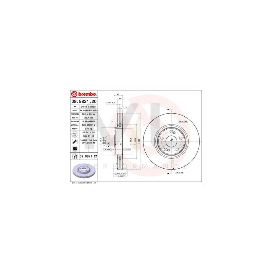 BREMBO 09.9821.20 Brake Disc Internally Vented, with bolts/screws | ML Performance Car Parts