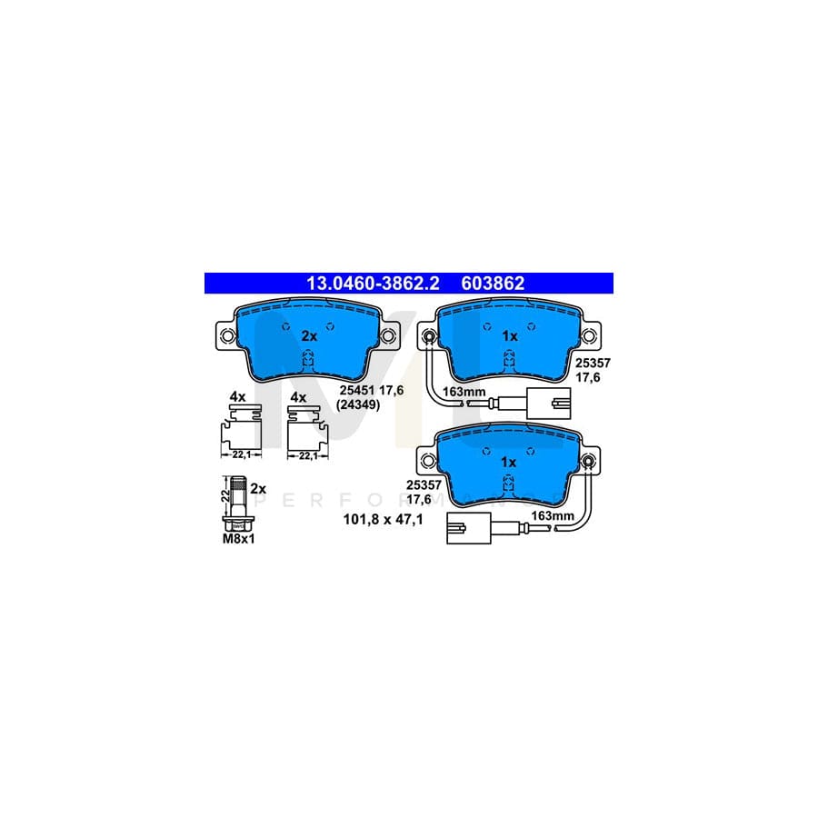 ATE 13.0460-3862.2 Brake pad set incl. wear warning contact, with brake caliper screws, with accessories | ML Performance Car Parts