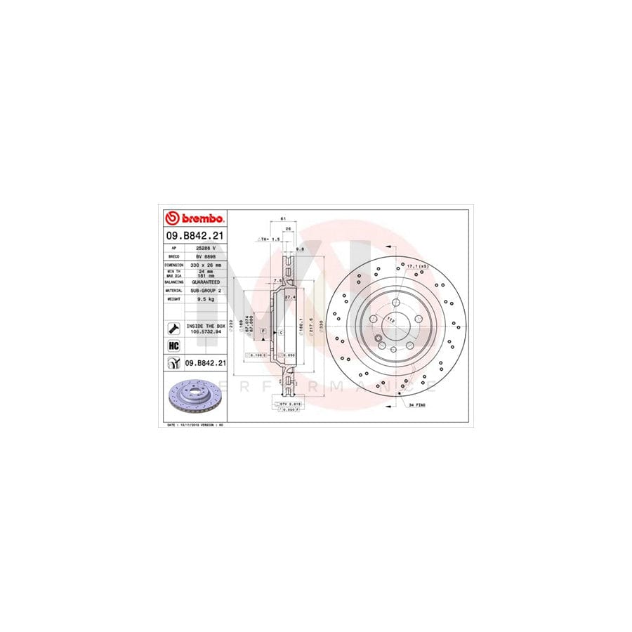 BREMBO COATED DISC LINE 09.B842.21 Brake Disc suitable for MERCEDES-BENZ S-Class Perforated / Vented, Coated, High-carbon, with bolts/screws | ML Performance Car Parts