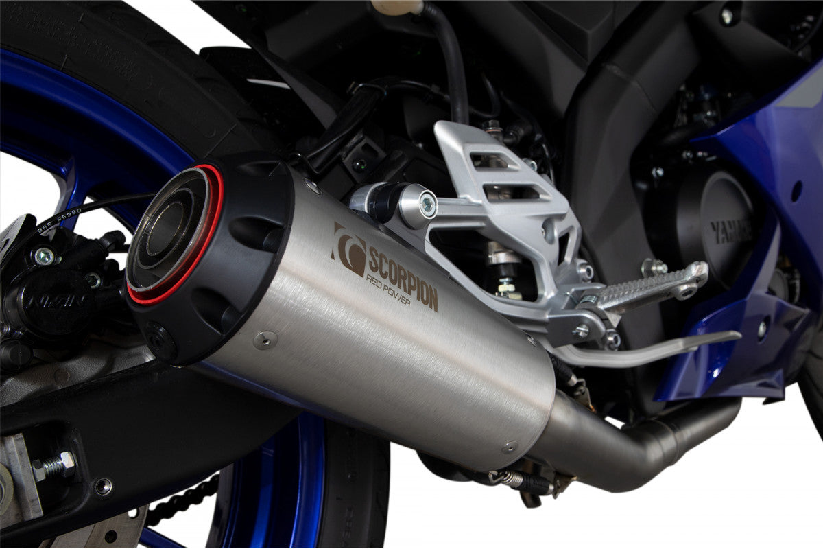 Scorpion PYA115SYSSEO Yamaha YZF-R125 Red Power Full System - Brushed Stainless Steel Sleeve | ML Performance UK UK