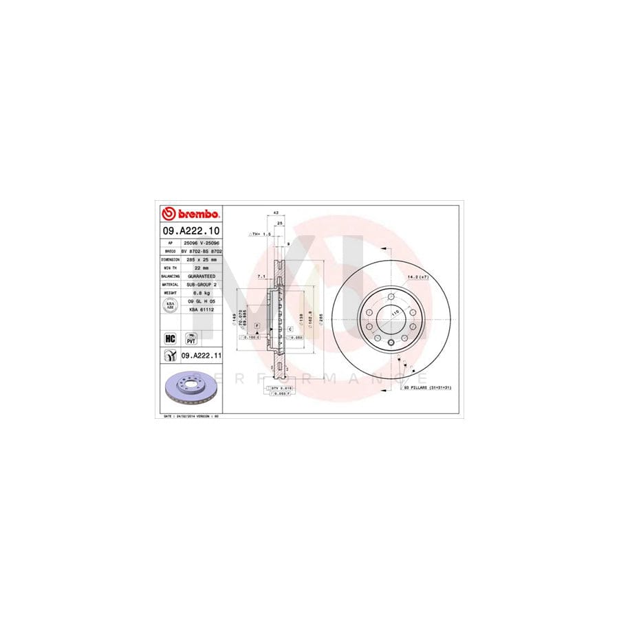 BREMBO 09.A222.10 Brake Disc for FIAT CROMA Internally Vented, High-carbon | ML Performance Car Parts