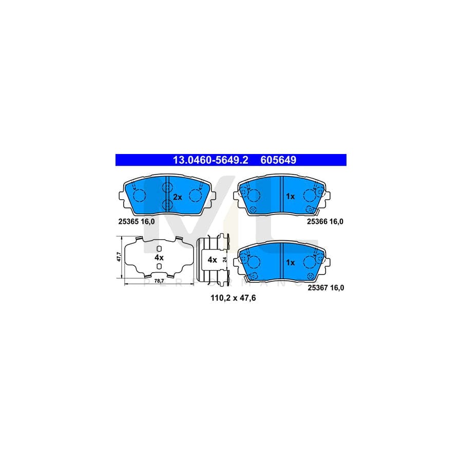 ATE 13.0460-5649.2 Brake pad set for KIA Picanto II (TA) with acoustic wear warning, with anti-squeak plate, with accessories | ML Performance Car Parts