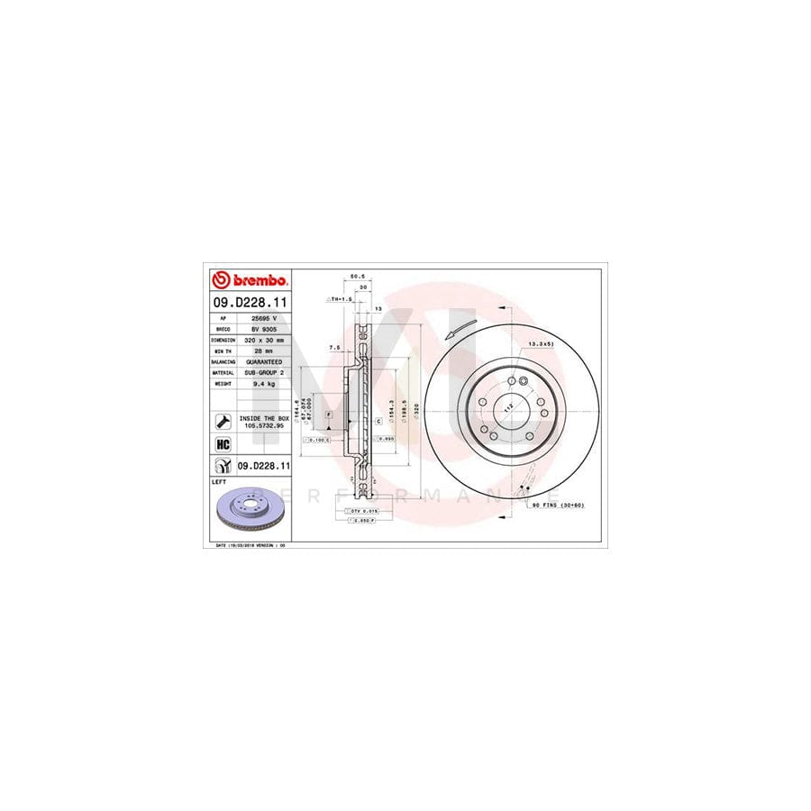 BREMBO 09.D228.11 Brake Disc Internally Vented, Coated, High-carbon, with bolts/screws | ML Performance Car Parts