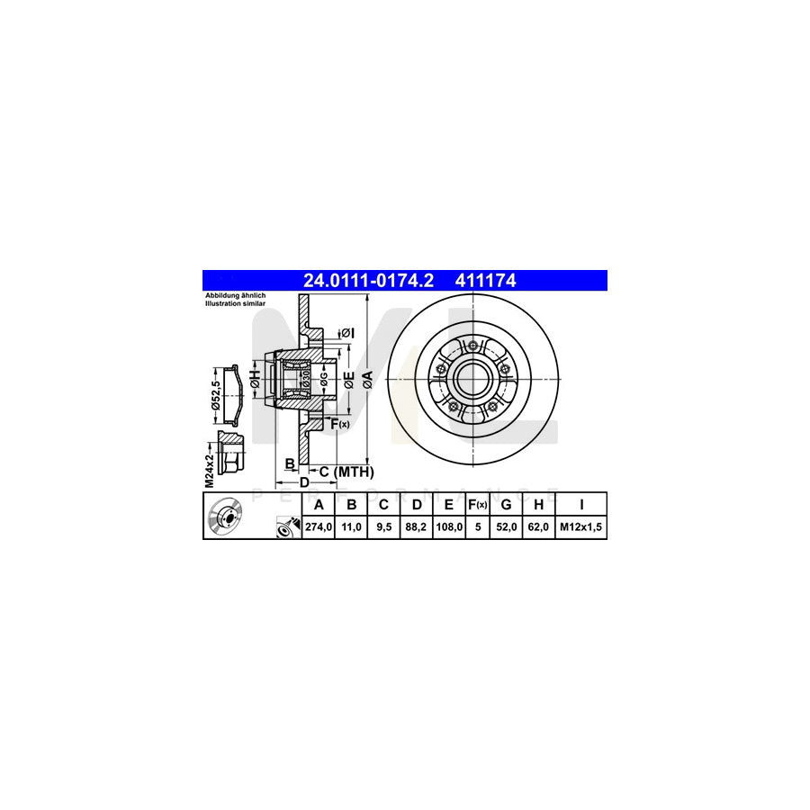 ATE 24.0111-0174.2 Brake Disc for RENAULT KANGOO Solid, Coated, with ABS sensor ring, with wheel bearing | ML Performance Car Parts