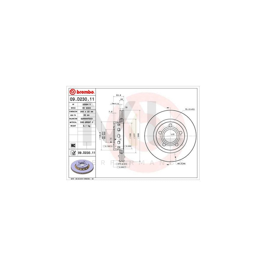 BREMBO 09.D230.11 Brake Disc Internally Vented, Coated, High-carbon | ML Performance Car Parts