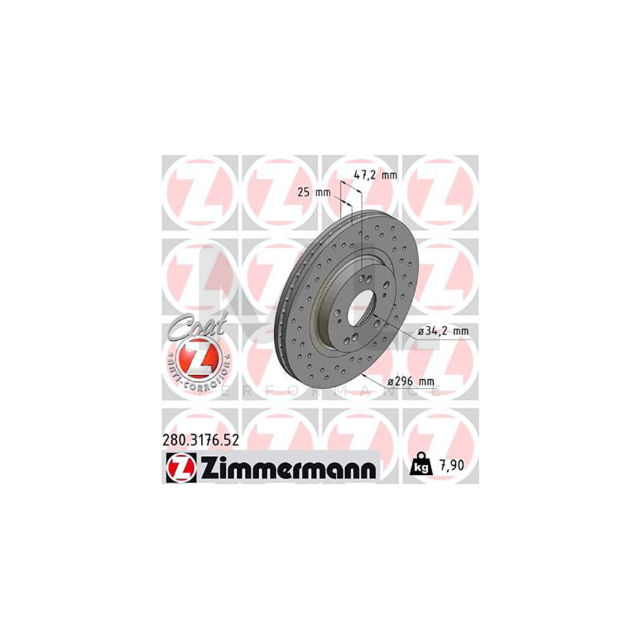 ZIMMERMANN SPORT COAT Z 280.3176.52 Brake Disc for HONDA ACCORD Internally Vented, Perforated, Coated | ML Performance Car Parts