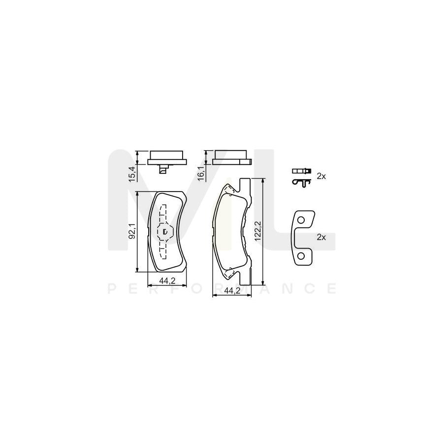 Bosch 0986494134 Brake Pad Set With Acoustic Wear Warning, With Anti-Squeak Plate, With Mounting Manual, With Piston Clip BP1045 | ML Performance Car Parts