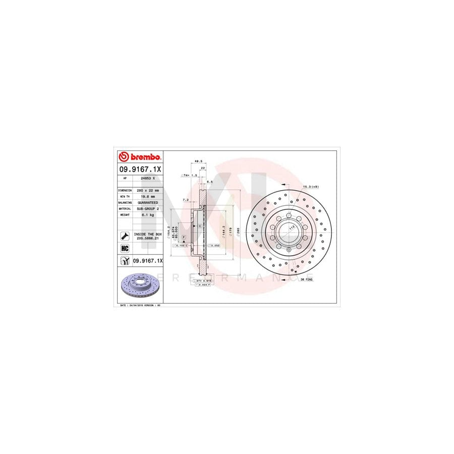 BREMBO XTRA LINE 09.9167.1X Brake Disc Perforated / Vented, Coated, High-carbon, with bolts/screws | ML Performance Car Parts