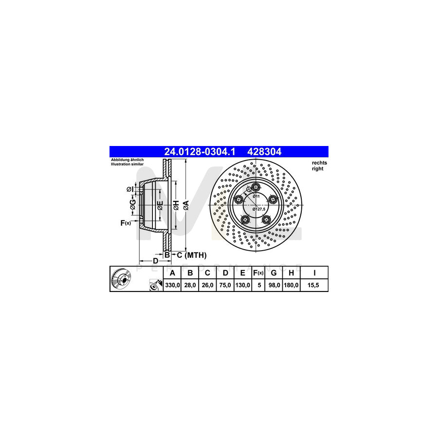 ATE 24.0128-0304.1 Brake Disc for PORSCHE 911 Perforated / Vented, Coated, Alloyed / High-carbon | ML Performance Car Parts