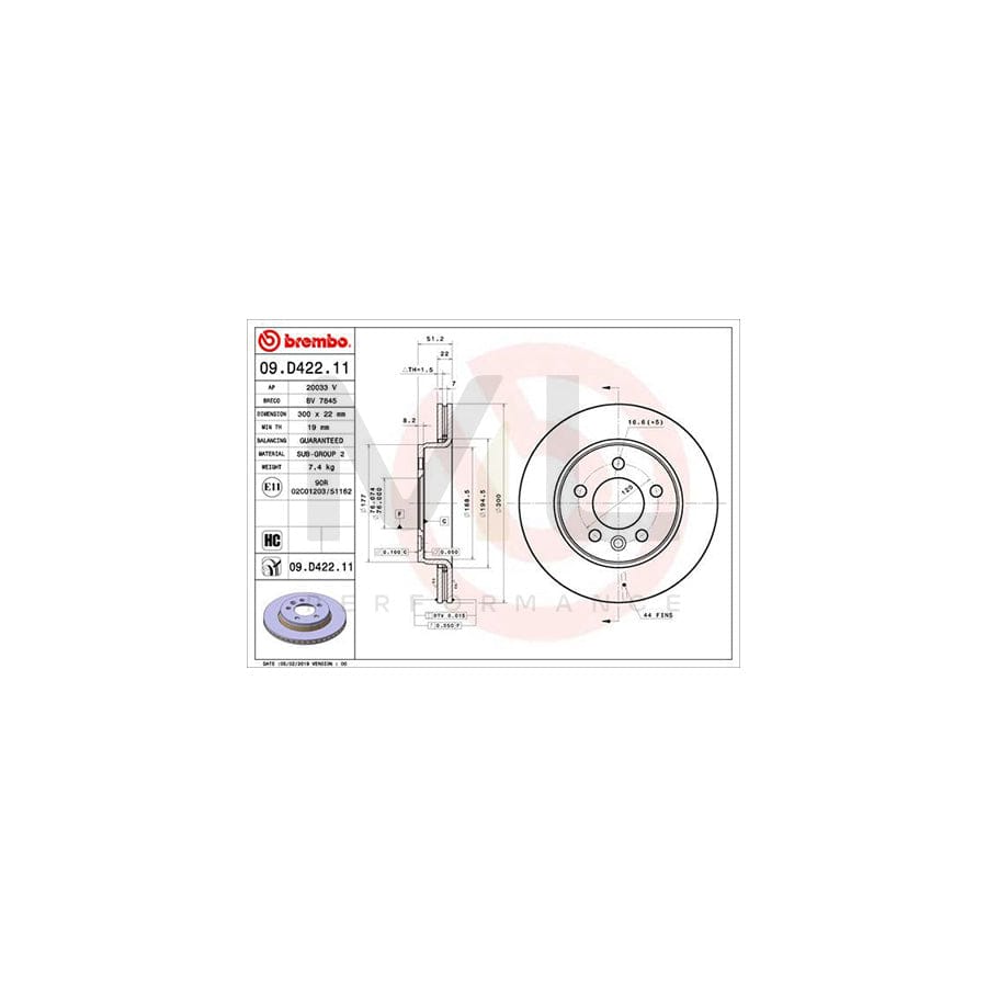 BREMBO 09.D422.11 Brake Disc Internally Vented, Coated, High-carbon | ML Performance Car Parts