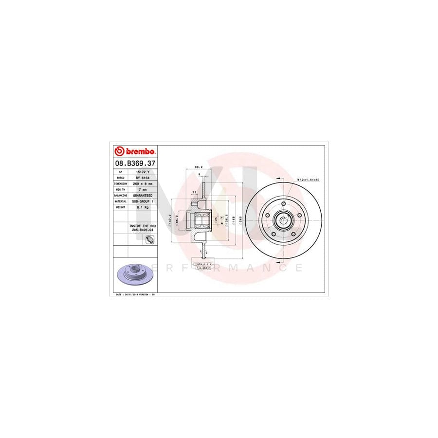 BREMBO 08.B369.37 Brake Disc for RENAULT MEGANE Solid, with ABS sensor ring, with wheel bearing set | ML Performance Car Parts